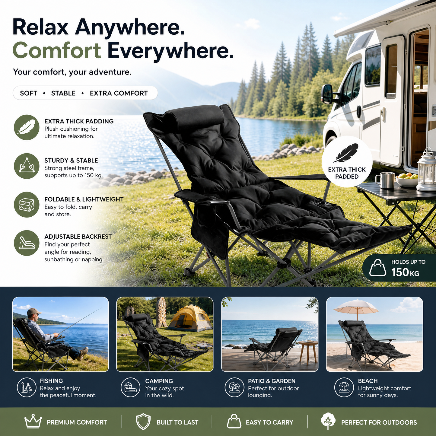 🪑 50% RABATT! 🌿 Tragbarer verstellbarer Klappstuhl für Außenbereich – Leicht, stabil & vielseitig – Ideal für Garten, Camping, Strand oder Terrasse – einfacher Transport und Aufbau 🏕️✨