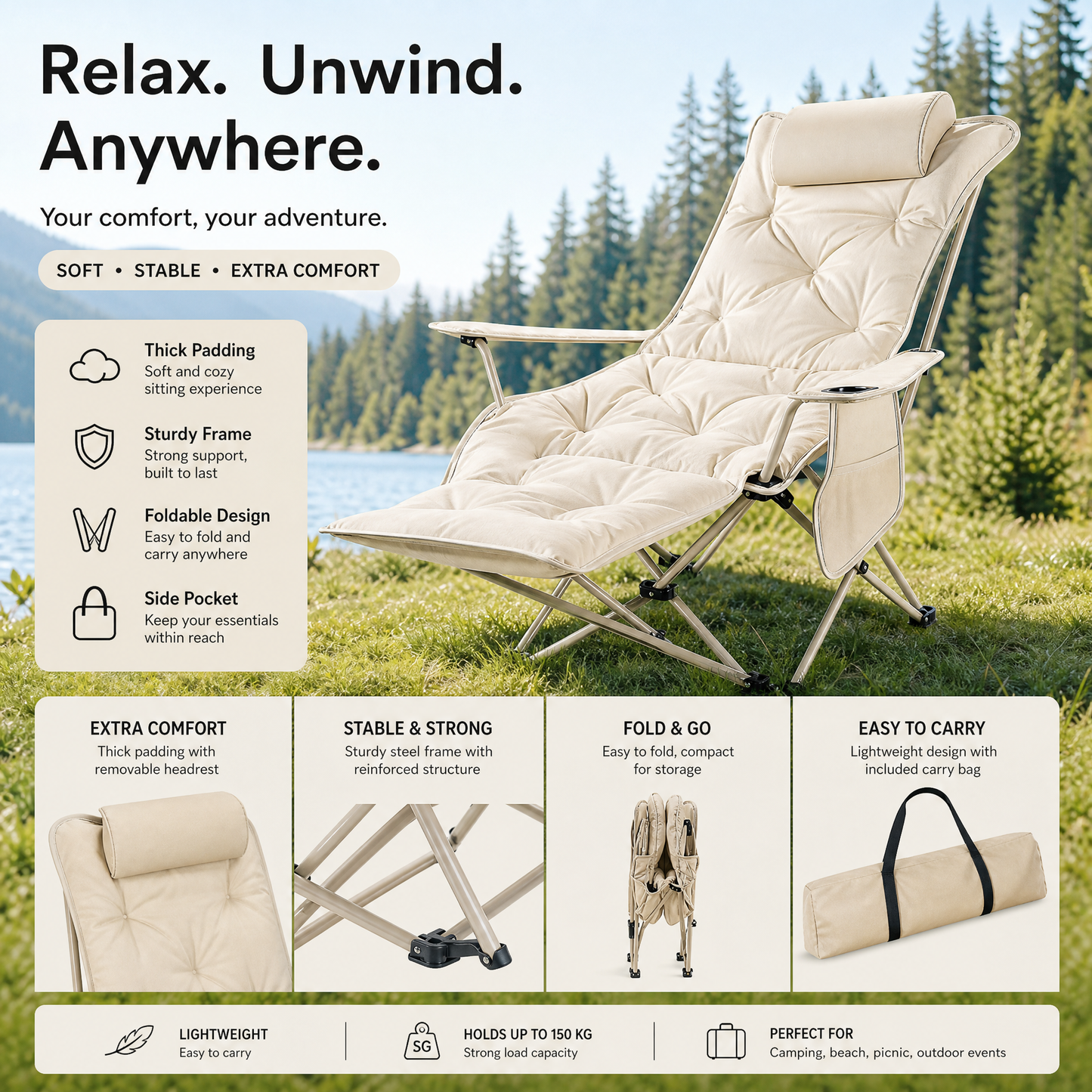 🪑 50% RABATT! 🌿 Tragbarer verstellbarer Klappstuhl für Außenbereich – Leicht, stabil & vielseitig – Ideal für Garten, Camping, Strand oder Terrasse – einfacher Transport und Aufbau 🏕️✨