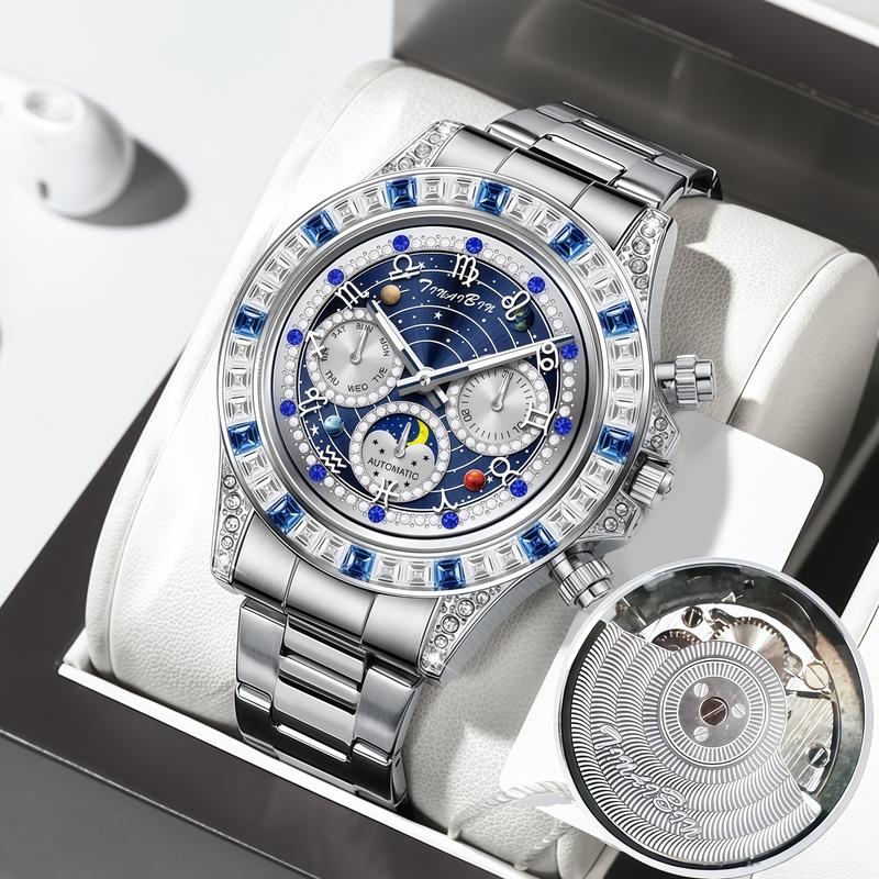 🔎【Präzisionshandwerk】⌚TINAIBIN Zwölf Sternzeichen & Sternenhimmel Diamant Automatikuhr Skelett Herrenuhr
