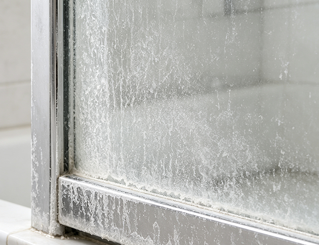 Shower glass with buildup before use