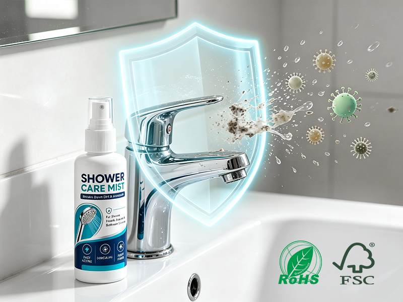 Shower Care Mist beside a bathroom faucet