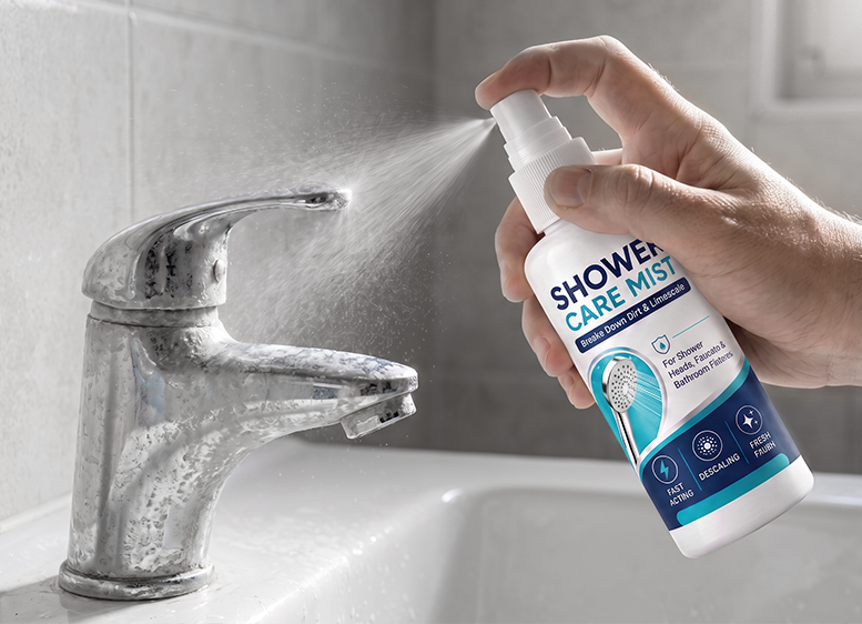 Spraying Shower Care Mist onto a bathroom faucet
