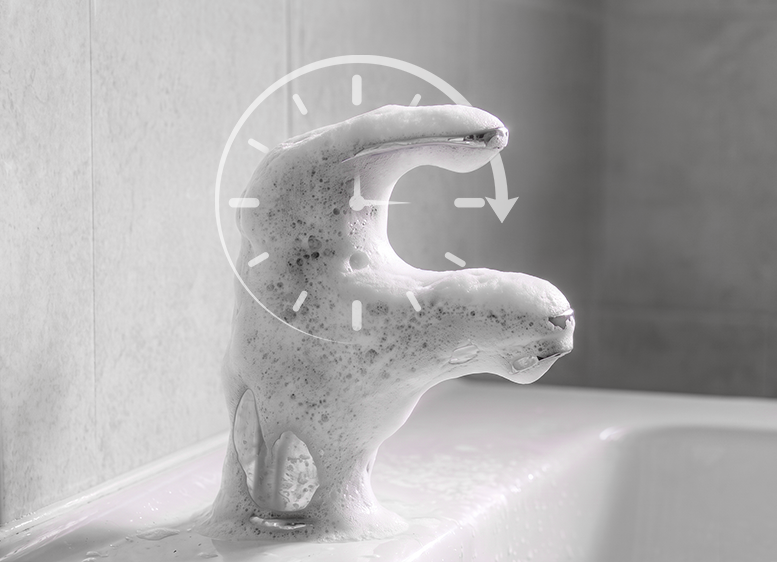 Cleaning formula sitting on the bathroom faucet