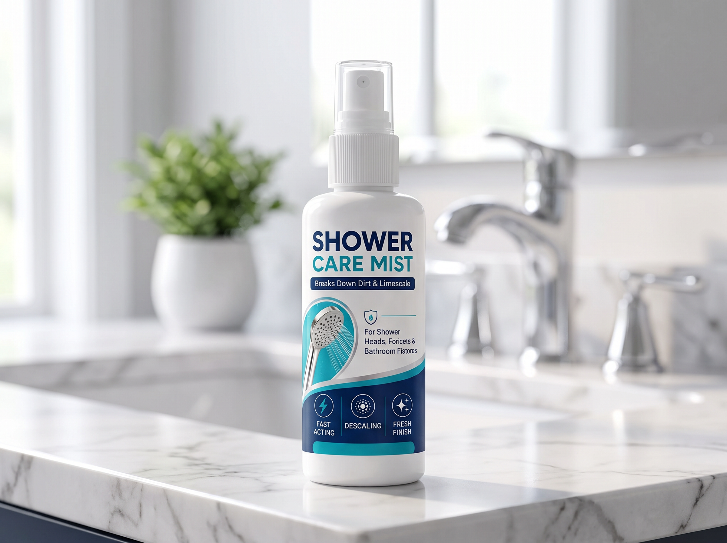 50 ml Shower Care Mist bottle on a bathroom countertop