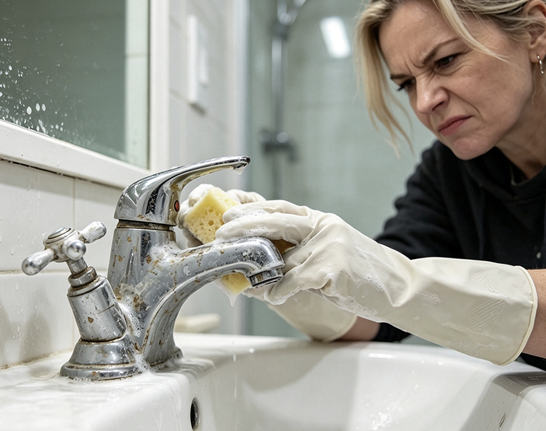 Limescale buildup on a bathroom faucet