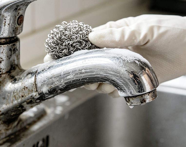 Scrubbing buildup from a faucet