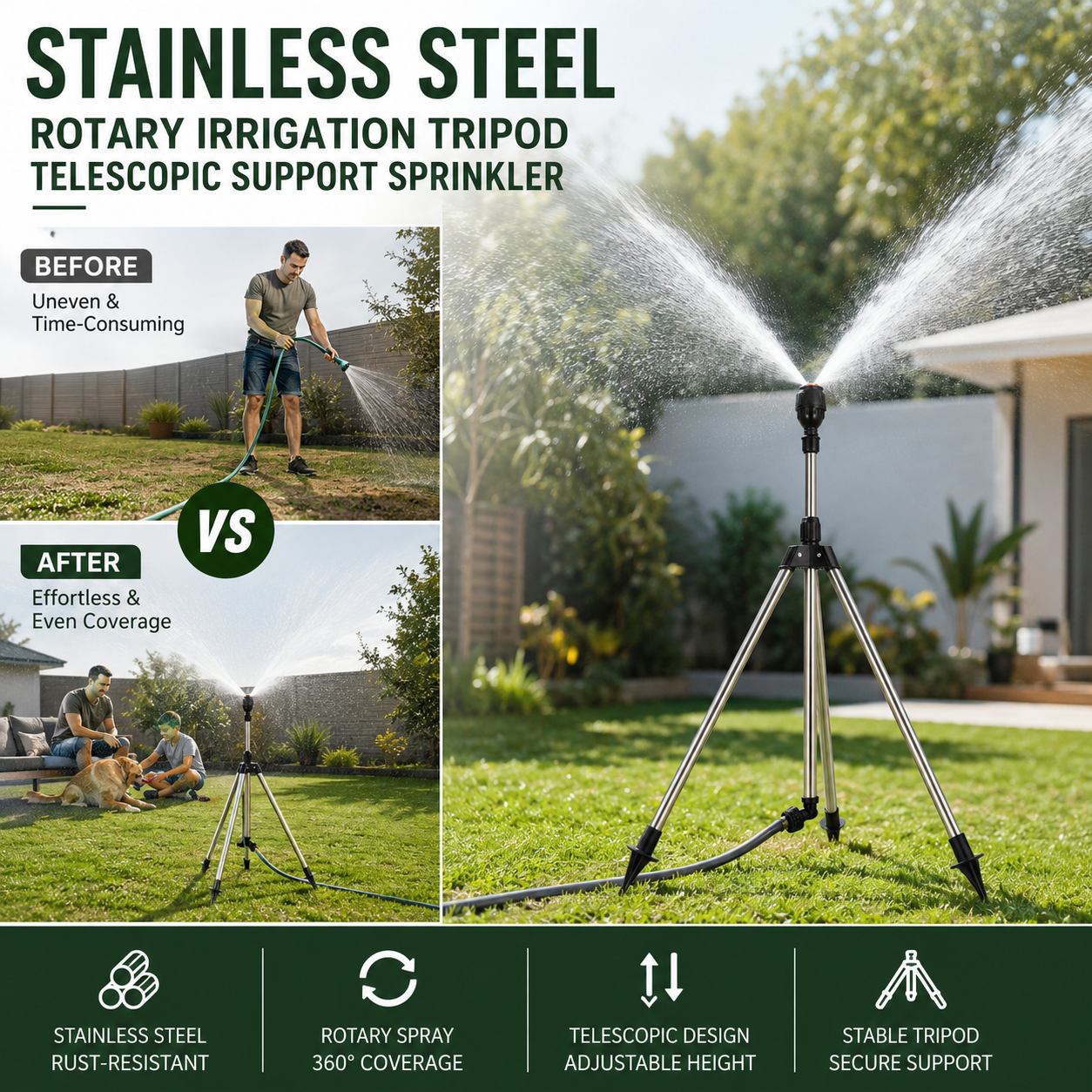 🎁 Hot Sale 49% OFF 🔥Stainless Steel Rotary Irrigation Tripod Telescopic Support Sprinkler