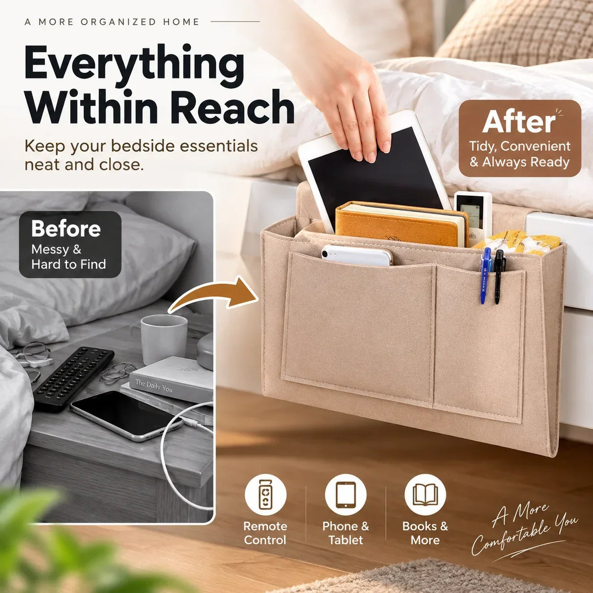 🛏️ JETZT 50 % RABATT! Hängende Aufbewahrungstasche für das Bett – Mehrfächer Bett-Organizer aus Filz, ideal für Etagenbetten im Wohnheim, für Tablet, Bücher, Handy und Schreibwaren ✨