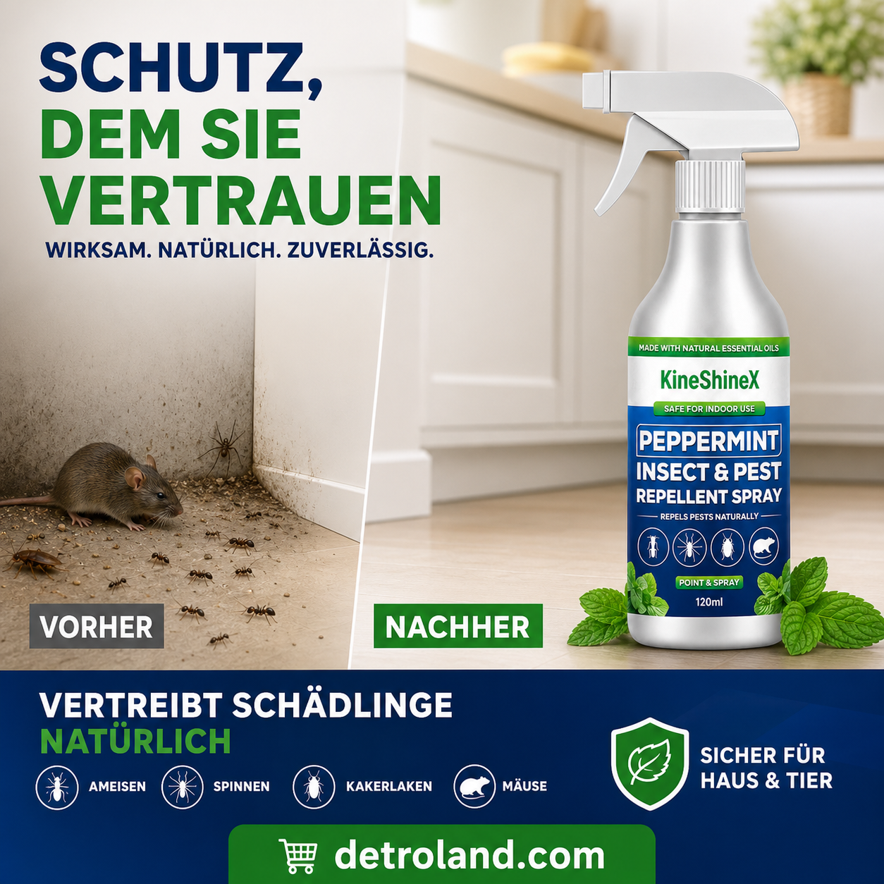 🗑️Insektenschutzspray mit natürlichem Pfefferminzöl – Maximale Wirksamkeit – Unbedenkliche Duftformel für Haus und Garten