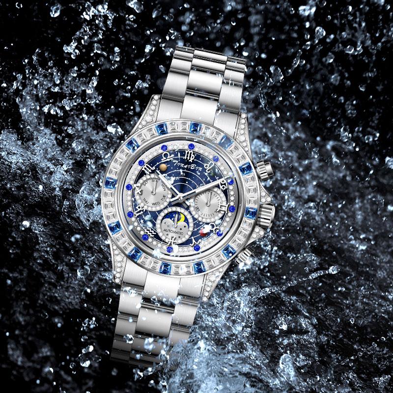 🔎【Präzisionshandwerk】⌚TINAIBIN Zwölf Sternzeichen & Sternenhimmel Diamant Automatikuhr Skelett Herrenuhr