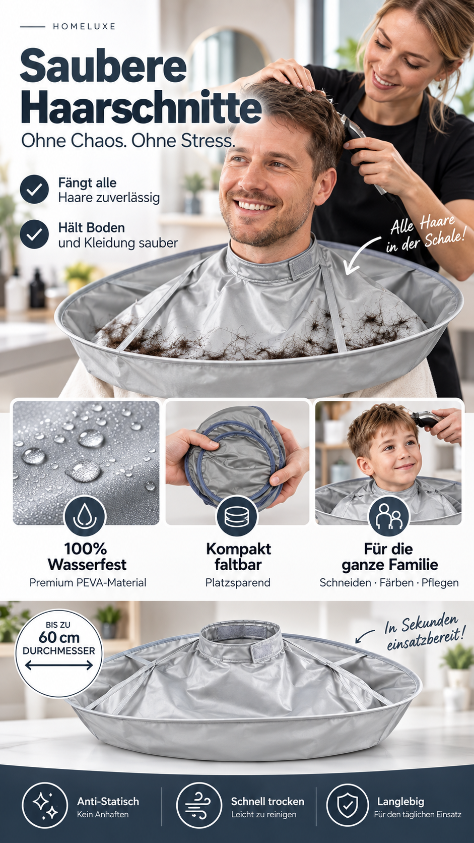 Atmungsaktiver Haarschneidecape – Integrierte Rille für saubere Schnitte, wasserdichte Oberfläche & antistatisches Gewebe für stressfreie Haarschnitte zu Hause -Gcom