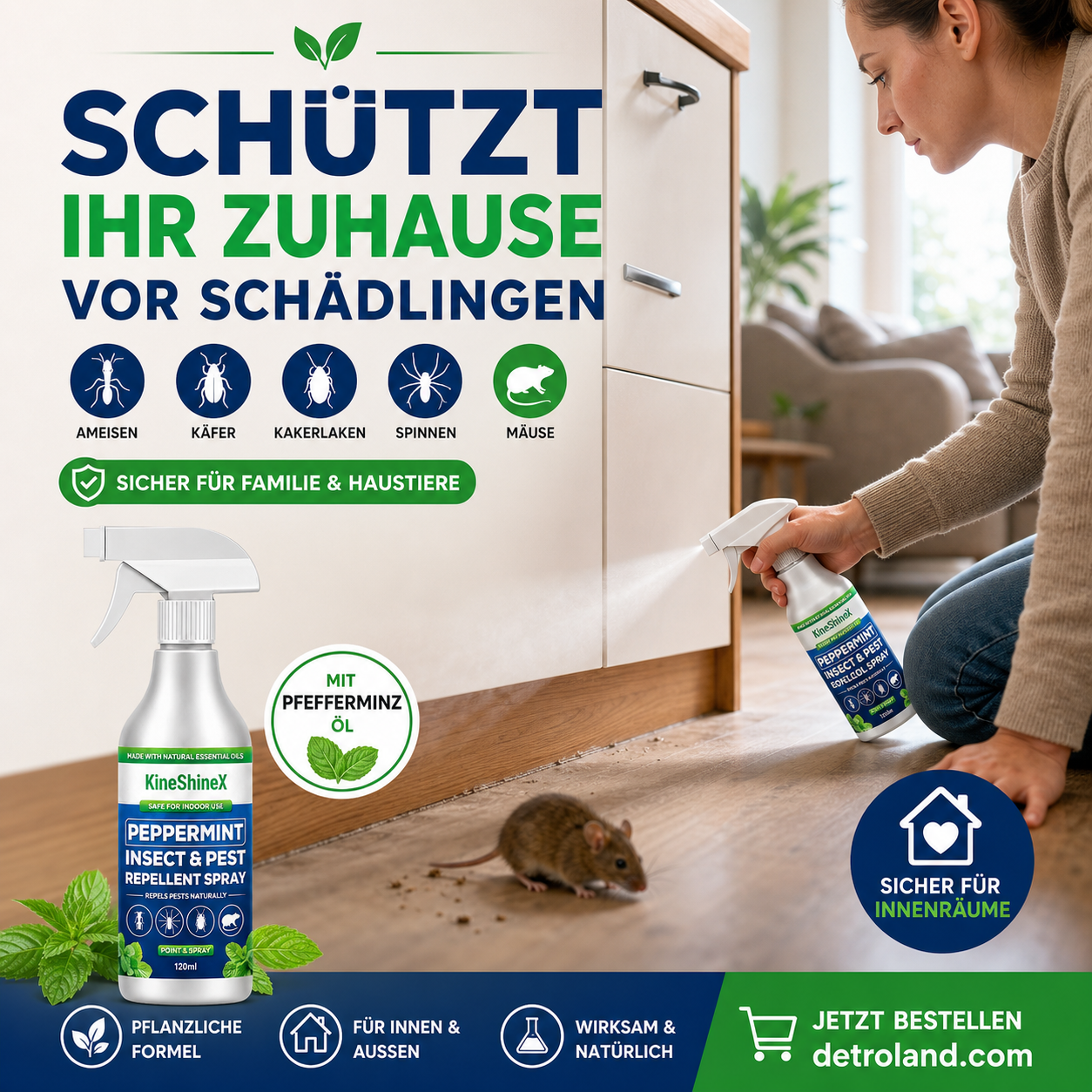 🗑️Insektenschutzspray mit natürlichem Pfefferminzöl – Maximale Wirksamkeit – Unbedenkliche Duftformel für Haus und Garten