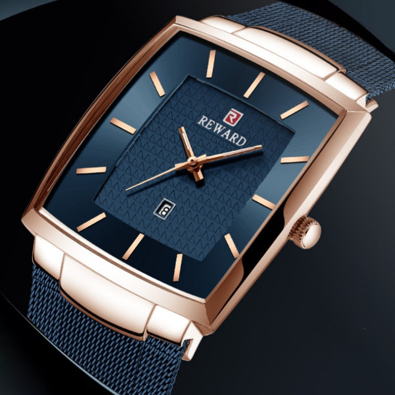 Herren Ultra-dünne quadratische Quarzuhr mit Mesh-Armband