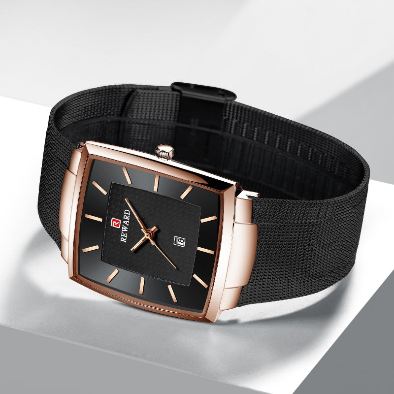 Herren Ultra-dünne quadratische Quarzuhr mit Mesh-Armband