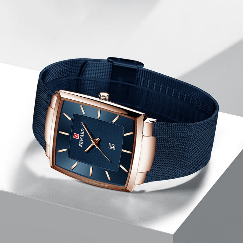 Herren Ultra-dünne quadratische Quarzuhr mit Mesh-Armband