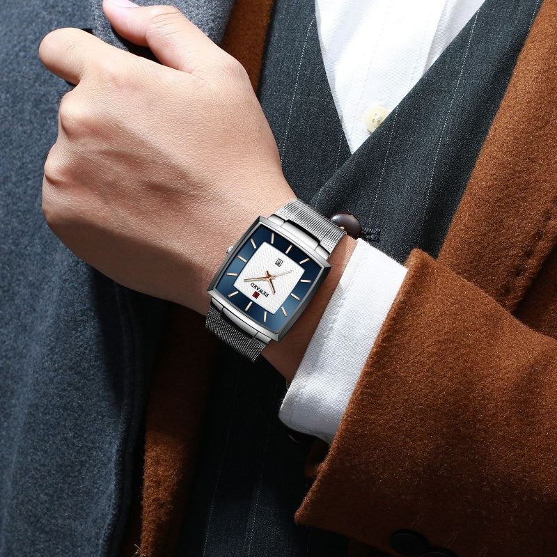 Herren Ultra-dünne quadratische Quarzuhr mit Mesh-Armband
