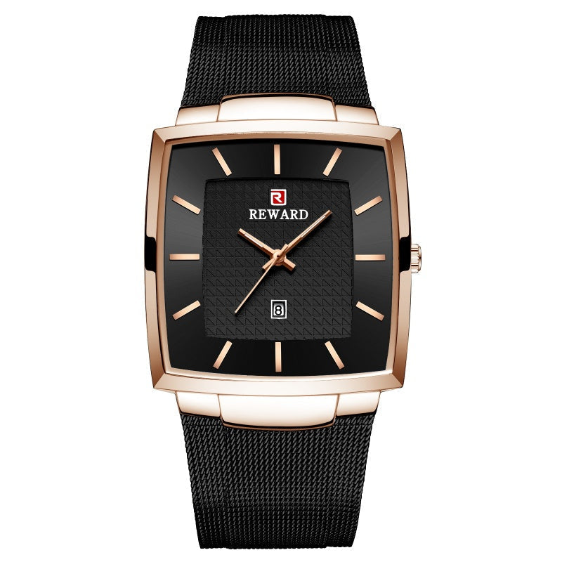 Herren Ultra-dünne quadratische Quarzuhr mit Mesh-Armband