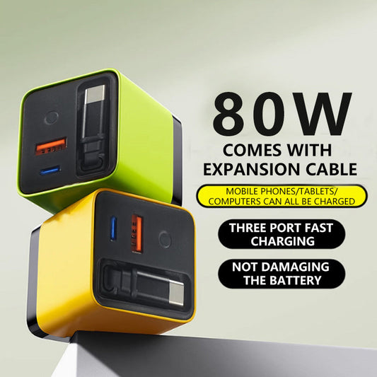 3-in-1-GaN-Ladegerät, 80 W MAX skalierbares Schnelllademodul mit Typ-C-Kabel und 2 USB-Anschlüssen