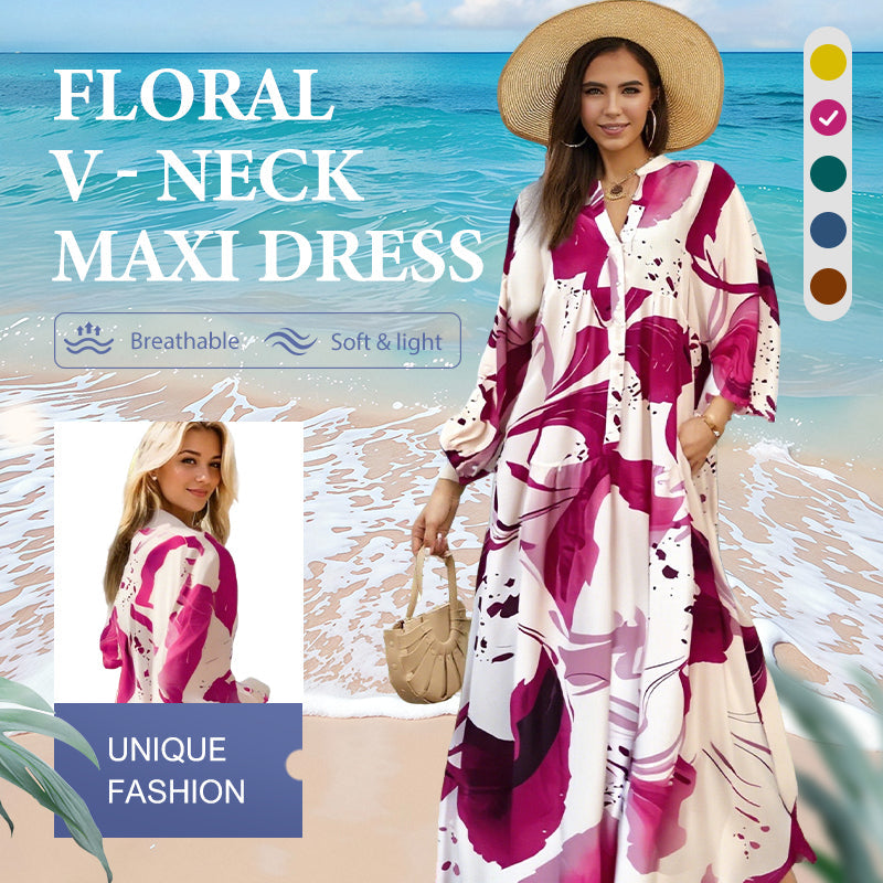 👗 60% RABATT! 🌸 Maxi-Blumenkleid für Damen mit V-Ausschnitt – Fließender Stoff, Romantisches Design & Perfekt für Den Sommer ☀️