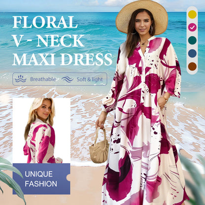 👗 60% RABATT! 🌸 Maxi-Blumenkleid für Damen mit V-Ausschnitt – Fließender Stoff, Romantisches Design & Perfekt für Den Sommer ☀️