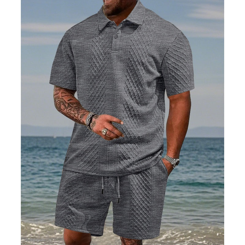 🌞👕 Herren Zweiteiler mit Rautenstruktur: Kurzarmhemd & Shorts mit Kordelzug 💎✨ Atmungsaktiv, knitterfrei & perfekt für heiße Tage