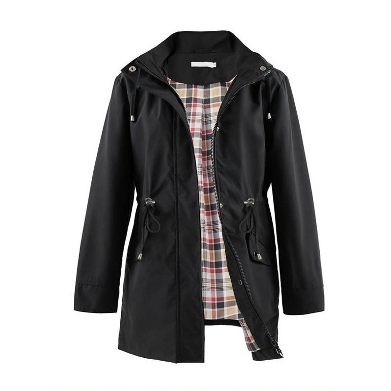 Long Hooded Drawstring Waist-Cinching Zipper Windbreaker