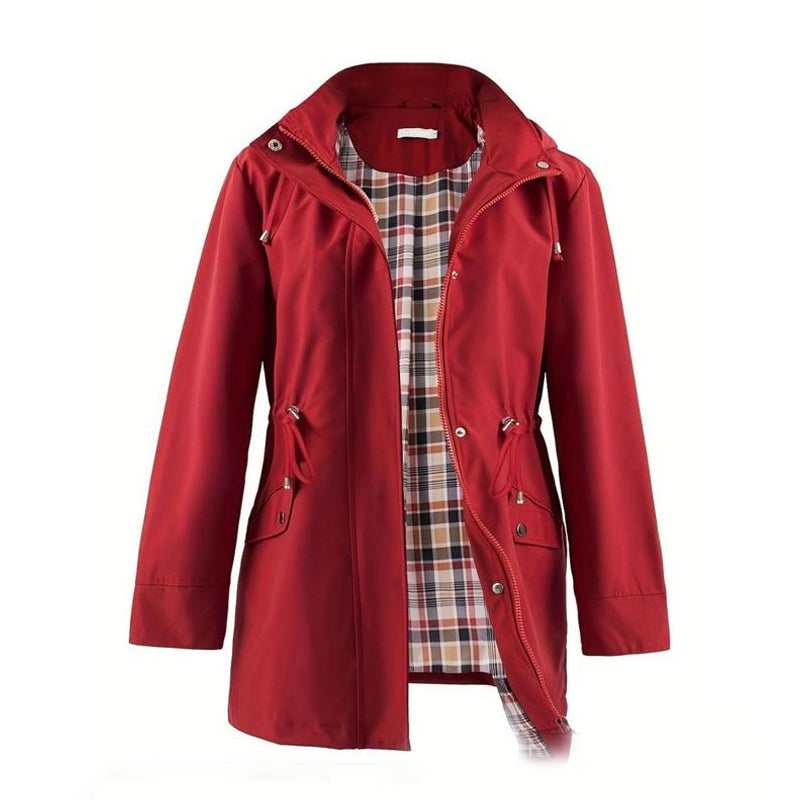 Long Hooded Drawstring Waist-Cinching Zipper Windbreaker