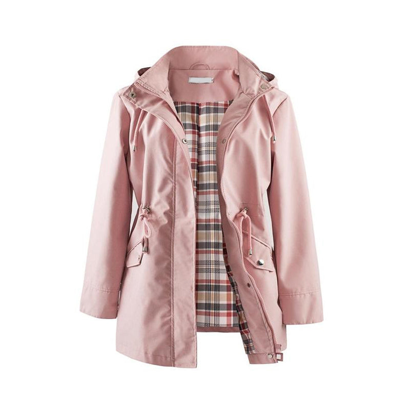 Long Hooded Drawstring Waist-Cinching Zipper Windbreaker