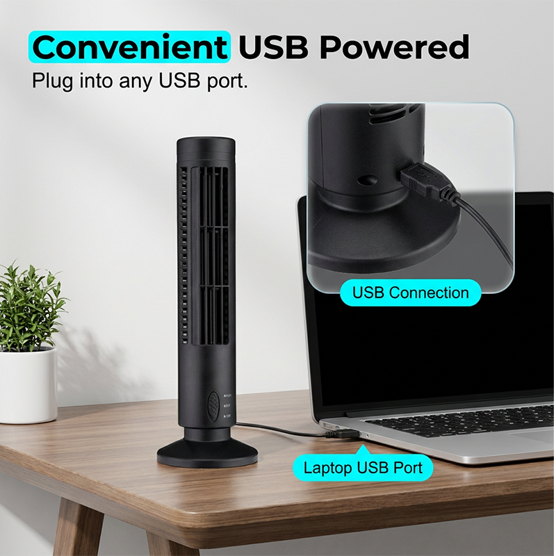 🌀 Tragbarer USB-Turmventilator mit 3 Geschwindigkeitsstufen – kompakt, leistungsstark & vielseitig – perfekt für Büro, Schlafzimmer & unterwegs