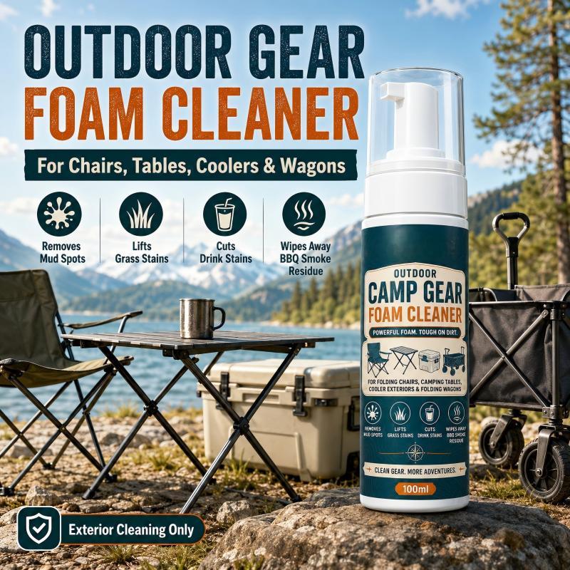 🏕️Kaufe 2, bekomme 1 gratis dazu👍 Outdoor Camp Gear Schaumreiniger mit Reinigungstuch – Kraftvolles Schaumspray zur Fleckenentfernung für Campingstühle, Tische, Kühlboxen und Klappwagen