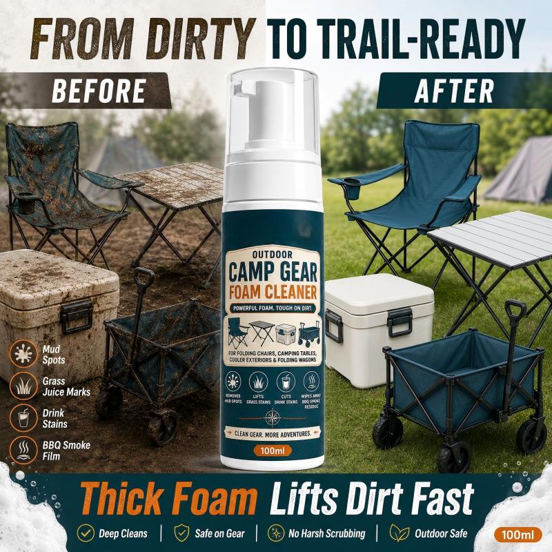 🏕️Kaufe 2, bekomme 1 gratis dazu👍 Outdoor Camp Gear Schaumreiniger mit Reinigungstuch – Kraftvolles Schaumspray zur Fleckenentfernung für Campingstühle, Tische, Kühlboxen und Klappwagen