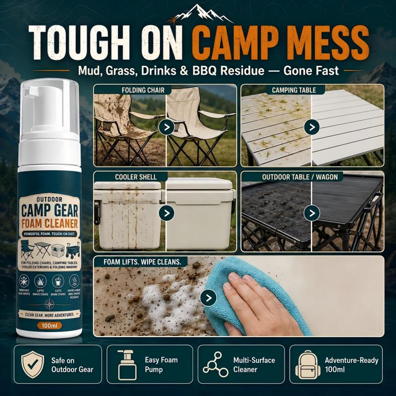 🏕️Kaufe 2, bekomme 1 gratis dazu👍 Outdoor Camp Gear Schaumreiniger mit Reinigungstuch – Kraftvolles Schaumspray zur Fleckenentfernung für Campingstühle, Tische, Kühlboxen und Klappwagen