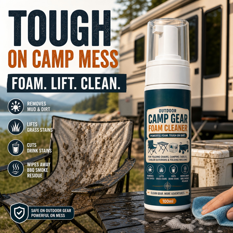 🏕️Kaufe 2, bekomme 1 gratis dazu👍 Outdoor Camp Gear Schaumreiniger mit Reinigungstuch – Kraftvolles Schaumspray zur Fleckenentfernung für Campingstühle, Tische, Kühlboxen und Klappwagen