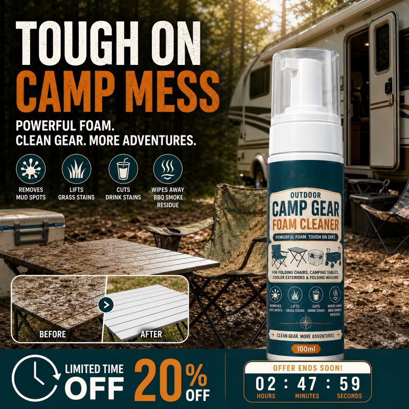 🏕️Kaufe 2, bekomme 1 gratis dazu👍 Outdoor Camp Gear Schaumreiniger mit Reinigungstuch – Kraftvolles Schaumspray zur Fleckenentfernung für Campingstühle, Tische, Kühlboxen und Klappwagen