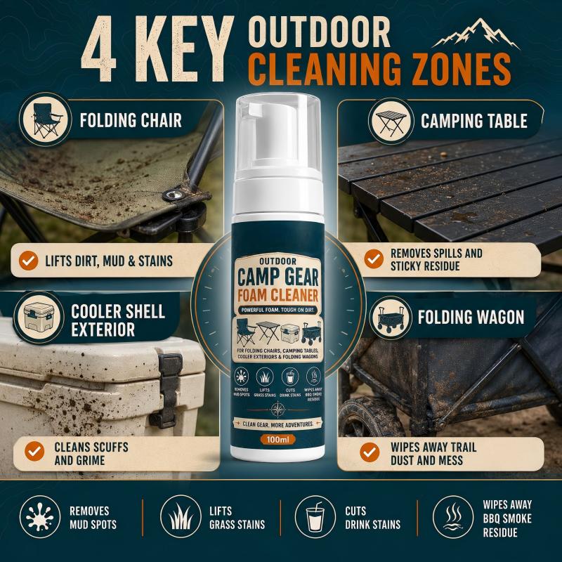 🏕️Kaufe 2, bekomme 1 gratis dazu👍 Outdoor Camp Gear Schaumreiniger mit Reinigungstuch – Kraftvolles Schaumspray zur Fleckenentfernung für Campingstühle, Tische, Kühlboxen und Klappwagen