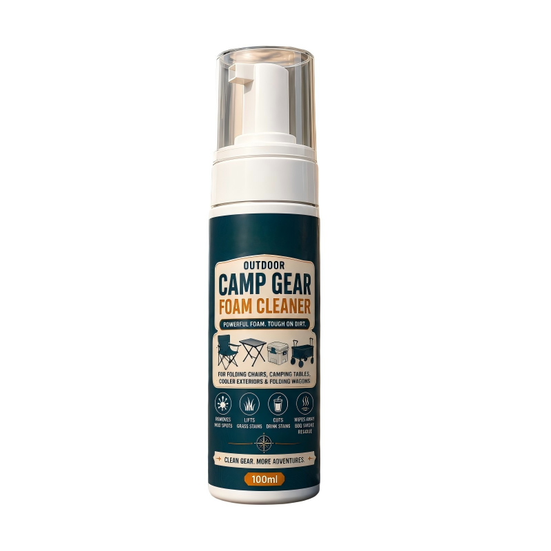 🏕️Kaufe 2, bekomme 1 gratis dazu👍 Outdoor Camp Gear Schaumreiniger mit Reinigungstuch – Kraftvolles Schaumspray zur Fleckenentfernung für Campingstühle, Tische, Kühlboxen und Klappwagen