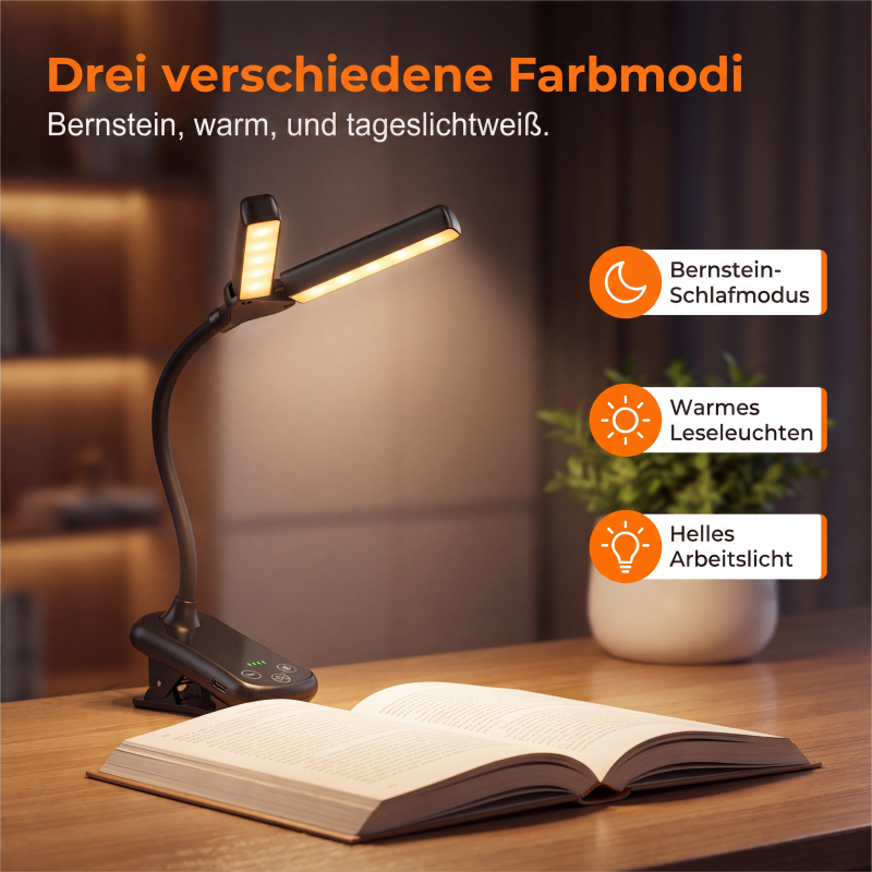 LED-Klemmleselampe mit 3 Farbtemperaturen