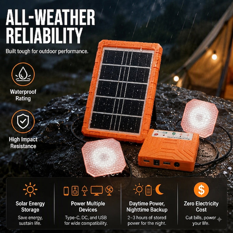 💥 50% Rabatt! ☀️ Tragbares Solarstromsystem – 4 W Panel, 2400 mAh Akku, Typ-C/USB/DC. Inkl. 2 LED-Leuchten. Wasserdicht, stoßfest. Für Camping & Notfälle 🛡️