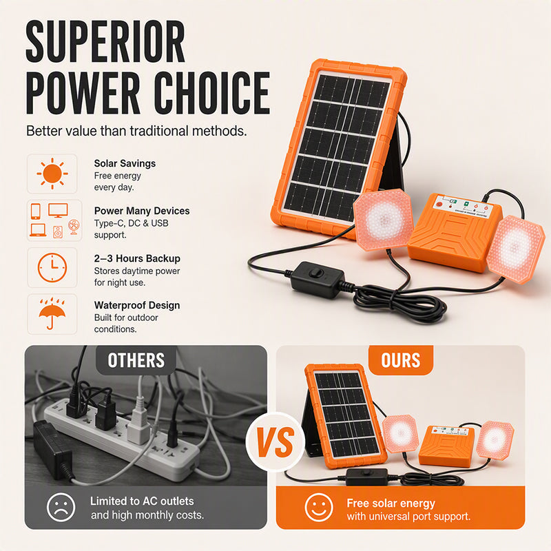 💥 50% Rabatt! ☀️ Tragbares Solarstromsystem – 4 W Panel, 2400 mAh Akku, Typ-C/USB/DC. Inkl. 2 LED-Leuchten. Wasserdicht, stoßfest. Für Camping & Notfälle 🛡️