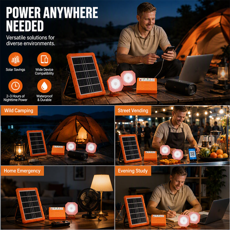 💥 50% Rabatt! ☀️ Tragbares Solarstromsystem – 4 W Panel, 2400 mAh Akku, Typ-C/USB/DC. Inkl. 2 LED-Leuchten. Wasserdicht, stoßfest. Für Camping & Notfälle 🛡️
