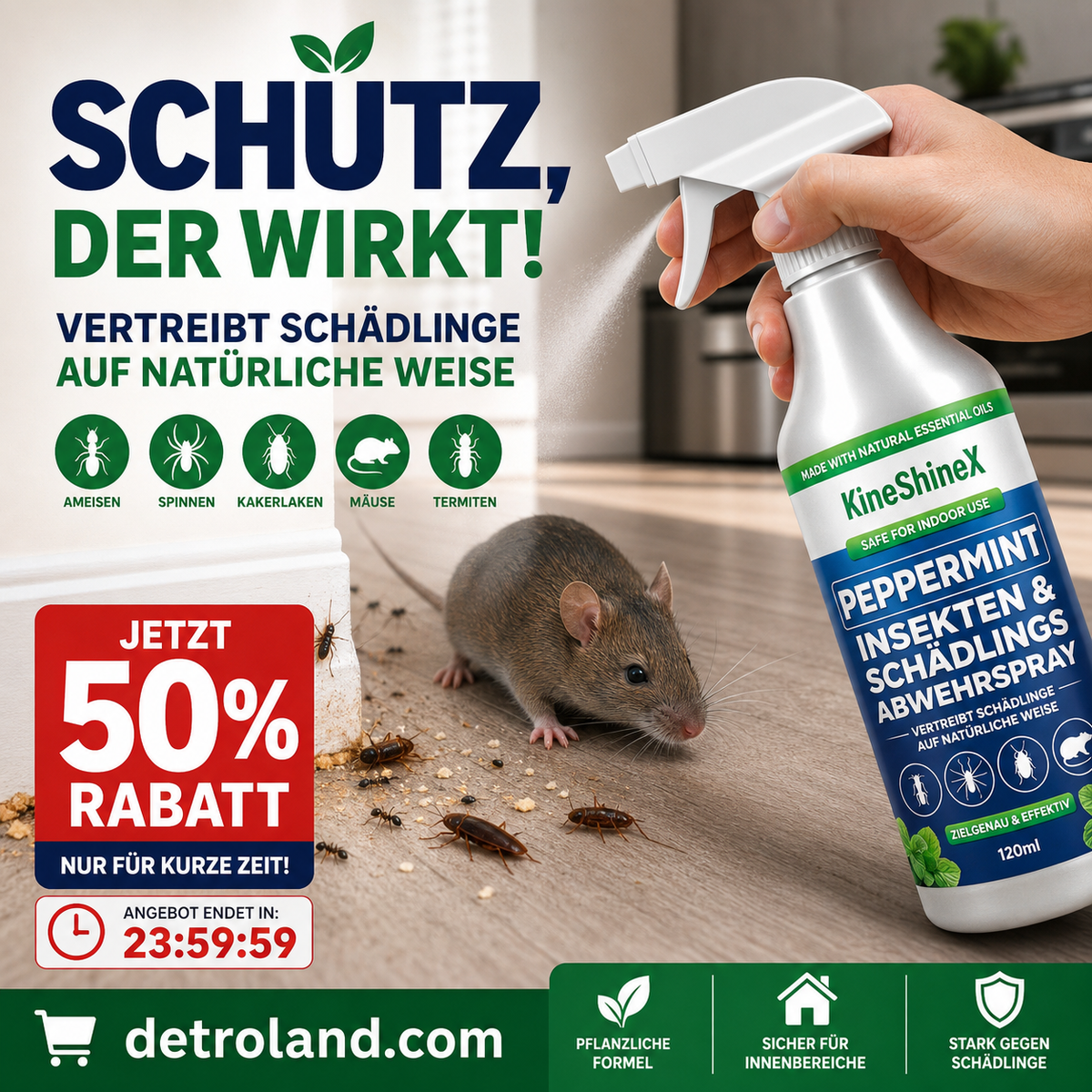 🗑️Insektenschutzspray mit natürlichem Pfefferminzöl – Maximale Wirksamkeit – Unbedenkliche Duftformel für Haus und Garten